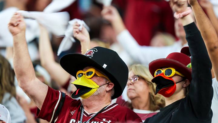 Nov 22, 2025; Columbia, South Carolina, USA; South Carolina Gamecocks fans cheer their team against the Coastal Carolina Chanticleers in the second quarter at Williams-Brice Stadium. Mandatory Credit: Jeff Blake-Imagn Images