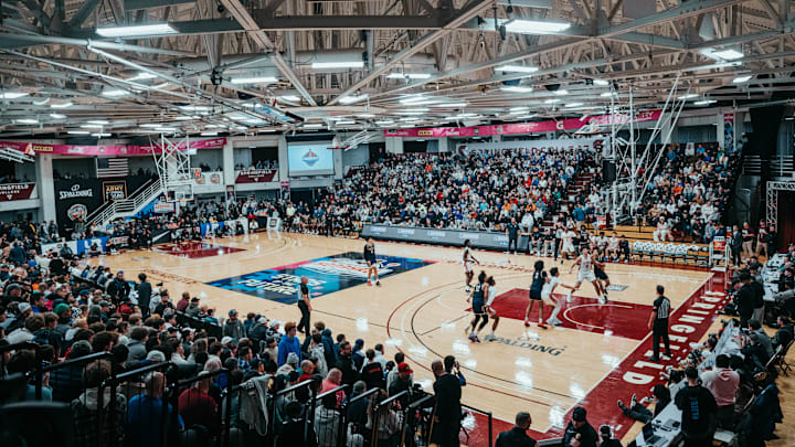A wide shot of Blake Arena on the campus of Springfield College where the Hoophall Classic is played every year.