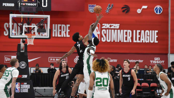 Former Indiana center Kel'el Ware gets the opening tip for the Miami Heat during Saturday's NBA Summer League game.