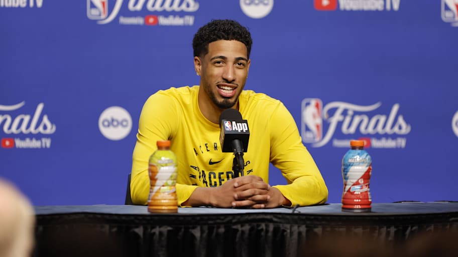 Indiana Pacers guard Tyrese Haliburton (0) during NBA Finals Media Day. | Alonzo Adams-Imagn Images