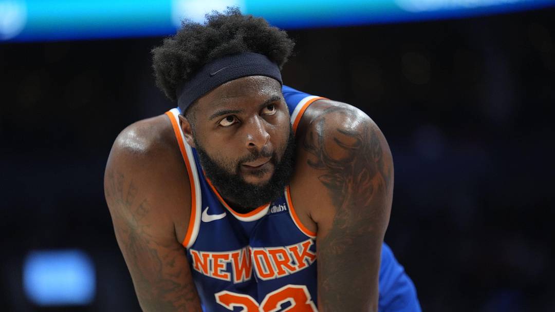 Mar 3, 2026; Toronto, Ontario, CAN; New York Knicks center Mitchell Robinson (23) during a break in the action against the Toronto Raptors during the second half at Scotiabank Arena. Mandatory Credit: John E. Sokolowski-Imagn Images