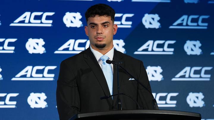 Jul 17, 2026; Charlotte, NC, USA; North Carolina defensive lineman Melkart  Abou Jaoude, talks with the media during interviews at Hilton Charlotte Uptown. Mandatory Credit: Jim Dedmon-Imagn Images
