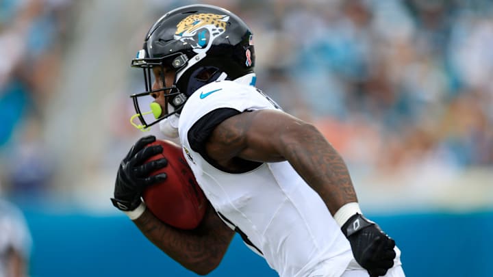 Jacksonville Jaguars running back Tank Bigsby (4) returns the ball during the second quarter of an NFL football matchup Sunday, Sept. 15, 2024 at EverBank Stadium in Jacksonville, Fla. The Browns defeated the Jaguars 18-13. [Corey Perrine/Florida Times-Union]