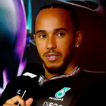 May 2, 2024; Miami Gardens, Florida, USA;  Mercedes driver Lewis Hamilton (44)  addresses the media in advance of the Miami Grand Prix at the Miami International Autodrome. Mandatory Credit: John David Mercer-USA TODAY Sports