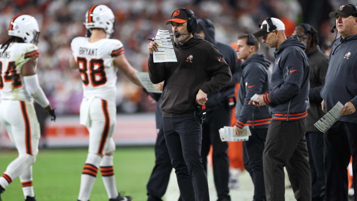 Dec 28, 2023; Cleveland, Ohio, USA; Cleveland Browns head coach Kevin Stefanski looks on from the sideline during the first half against the New York Jets at Cleveland Browns Stadium.