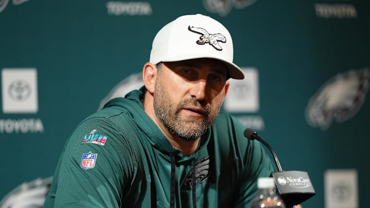 Jun 10, 2025; Philadelphia, PA, USA; Philadelphia Eagles head coach Nick Sirianni addresses media during a press conference at NovaCare Complex. Mandatory Credit: Kyle Ross-Imagn Images