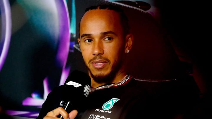 May 2, 2024; Miami Gardens, Florida, USA;  Mercedes driver Lewis Hamilton (44)  addresses the media in advance of the Miami Grand Prix at the Miami International Autodrome. Mandatory Credit: John David Mercer-USA TODAY Sports