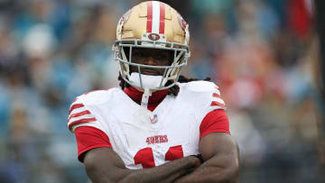 San Francisco 49ers wide receiver Brandon Aiyuk (11) reacts to his touchdown score during the first quarter of an NFL football game Sunday, Nov. 12, 2023 at EverBank Stadium in Jacksonville, Fla. The San Francisco 49ers defeated the Jacksonville Jaguars 34-3