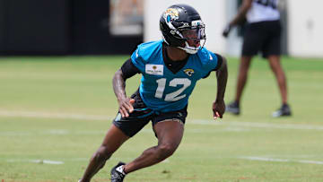 Jacksonville Jaguars wide receiver Travis Hunter (12) runs a route during a rookie minicamp at Miller Electric Center Saturday, May 10, 2025 in Jacksonville, Fla. [Corey Perrine/Florida Times-Union]