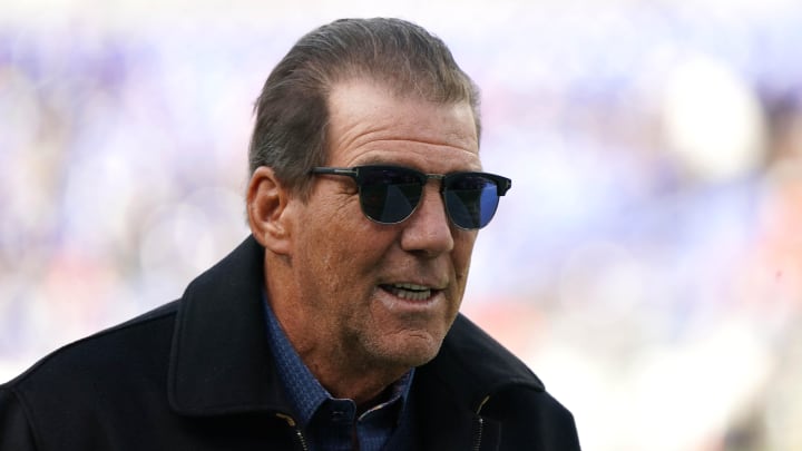 Dec 4, 2022; Baltimore, Maryland, USA; Baltimore Ravens owner Steve Bisciotti on the field prior to the game against the Denver Broncos at M&T Bank Stadium. Mandatory Credit: Mitch Stringer-USA TODAY Sports