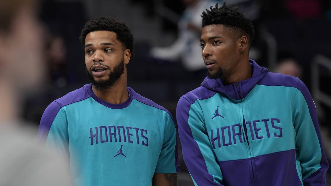 Nov 6, 2024; Charlotte, North Carolina, USA; Charlotte Hornets forward Miles Bridges (0) and forward Brandon Miller (24) during the first quarter against the Detroit Pistons at Spectrum Center. Mandatory Credit: Jim Dedmon-Imagn Images Nov 6, 2024; Charlotte, North Carolina, USA; Charlotte Hornets forward Miles Bridges (0) and forward Brandon Miller (24) during the first quarter against the Detroit Pistons at Spectrum Center. Mandatory Credit: Jim Dedmon-Imagn Images