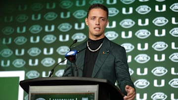 Jul 22, 2025; Charlotte, NC, USA; Miami quarterback Carson Beck answers questions from the media during ACC Media Days at Hilton Charlotte Uptown. Mandatory Credit: Jim Dedmon-Imagn Images