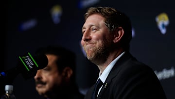 New Jacksonville Jaguars head coach Liam Coen smiles after speaking and being introduced during a press conference Monday, Jan. 27, 2025 at the Miller Electric Center in Jacksonville, Fla. 