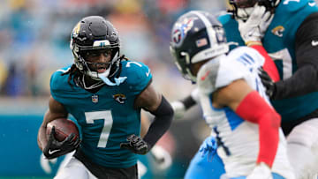 Jacksonville Jaguars wide receiver Brian Thomas Jr. (7) rushes for yards during the second quarter of an NFL football matchup Sunday, Dec. 29, 2024 at EverBank Stadium in Jacksonville, Fla.