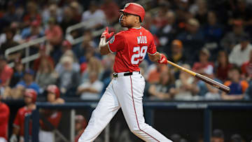Mar 7, 2025; West Palm Beach, Florida, USA; Washington Nationals left fielder James Wood (29) hits a two-run home run against the New York Mets during the third inning at CACTI Park of the Palm Beaches. 