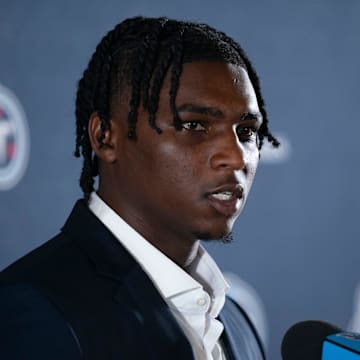 Cam Ward fields questions after being introduced as the Tennessee Titans first-round pick and number one overall pick n the NFL Draft at Ascension Saint Thomas Sports Park in Nashville, Tenn., Friday, April 25, 2025. Mandatory Credit: The Tennessean/USA TODAY NETWORK via Imagn Images
