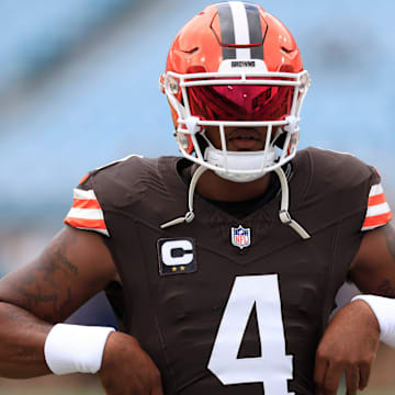 Cleveland Browns quarterback Deshaun Watson (4) warms up before an NFL football matchup Sunday, Sept. 15, 2024 at EverBank Stadium in Jacksonville, Fla. The Browns defeated the Jaguars 18-13.