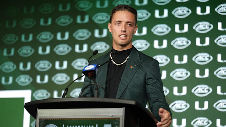 Jul 22, 2025; Charlotte, NC, USA; Miami quarterback Carson Beck answers questions from the media during ACC Media Days at Hilton Charlotte Uptown. Mandatory Credit: Jim Dedmon-Imagn Images