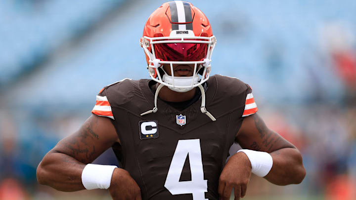 Cleveland Browns quarterback Deshaun Watson (4) warms up before an NFL football matchup Sunday, Sept. 15, 2024 at EverBank Stadium in Jacksonville, Fla. The Browns defeated the Jaguars 18-13.