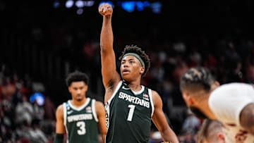 Michigan State guard Jeremy Fears Jr. (1) aims before attempts a free throw against Auburn during the second half of the Elite Eight round of NCAA tournament at State Farm Arena in Atlanta, Ga. on Sunday, March 30, 2025.