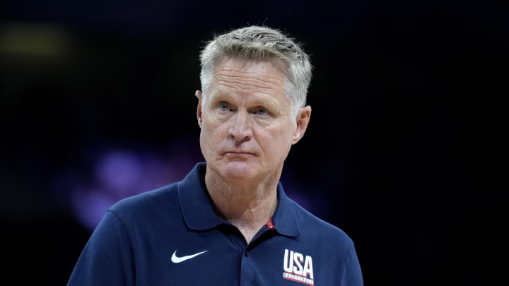 Jul 31, 2024; Villeneuve-d'Ascq, France; United States head coach Steve Kerr in the second quarter against South Sudan during the Paris 2024 Olympic Summer Games at Stade Pierre-Mauroy.