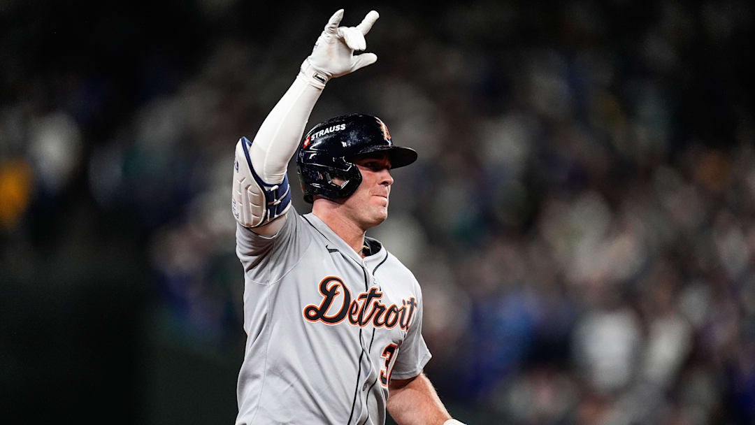 Kerry Carpenter celebrates after hitting a go-ahead two-run home run against the Seattle Mariners. 