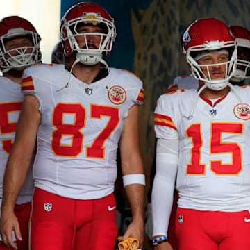 Kansas City Chiefs quarterback Patrick Mahomes (15) looks on next to tight end Travis Kelce (87) before a preseason NFL football game Saturday, Aug. 10, 2024 at EverBank Stadium in Jacksonville, Fla. The Jacksonville Jaguars defeated the Kansas City Chiefs 26-13. [Corey Perrine/Florida Times-Union]