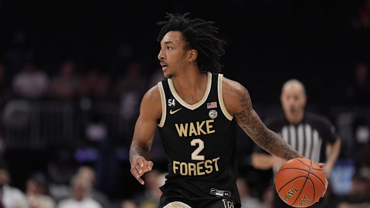 Mar 10, 2026; Charlotte, NC, USA; Wake Forest Demon Deacons forward Juke Harris (2) brings the ball up court against the Virginia Tech Hokies during the second half at Spectrum Center. Mandatory Credit: Jim Dedmon-Imagn Images
