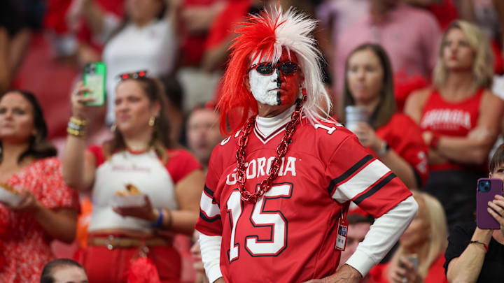 Aug 31, 2024; Atlanta, Georgia, USA; Georgia Bulldogs fan in the stands against the Clemson Tigers in the first quarter at Mercedes-Benz Stadium. Mandatory Credit: Brett Davis-Imagn Images
