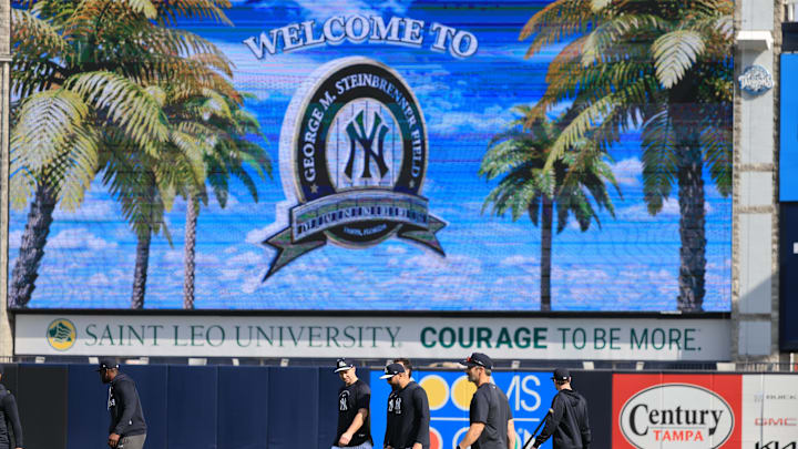 Feb 12, 2026; Tampa, FL, USA;  New York Yankees first baseman Paul Goldschmidt (48) and teammates workout during spring training workouts at George M. Steinbrenner Field. Mandatory Credit: Kim Klement Neitzel-Imagn Images