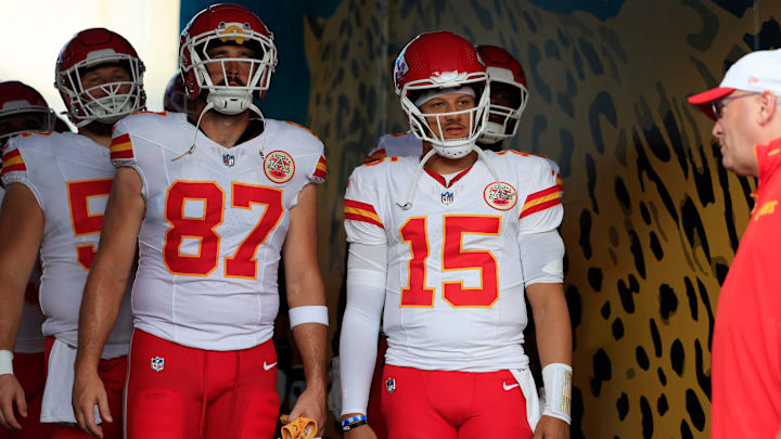 Kansas City Chiefs quarterback Patrick Mahomes (15) looks on next to tight end Travis Kelce (87) before a preseason NFL football game Saturday, Aug. 10, 2024 at EverBank Stadium in Jacksonville, Fla. The Jacksonville Jaguars defeated the Kansas City Chiefs 26-13. [Corey Perrine/Florida Times-Union]