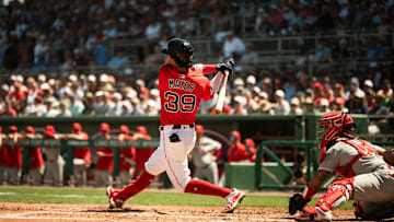 Marcelo Mayer takes a swing during a Red Sox Spring Training game on March 11, 2025, at JetBlue Park in Fort Myers, Florida.