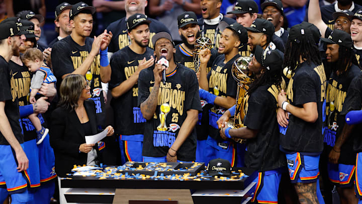 The Oklahoma City Thunder celebrate after winning game seven of the 2025 NBA Finals against the Indiana Pacers at Paycom Center. \