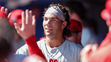 Feb 26, 2025; Dunedin, Florida, USA; Philadelphia Phillies outfielder Gabriel Rincones Jr. (85) celebrates after hitting a home run against the Toronto Blue Jays in the third inning during spring training at TD Ballpark.