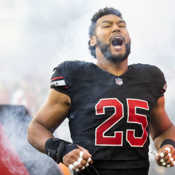 Nov 26, 2023; Glendale, Arizona, USA; Arizona Cardinals linebacker Zaven Collins (25) reacts against the Los Angeles Rams at State Farm Stadium. Mandatory Credit: Mark J. Rebilas-USA TODAY Sports