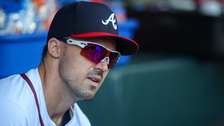 Aug 7, 2024; Atlanta, Georgia, USA; Atlanta Braves right fielder Adam Duvall (14) in the dugout before a game against the Milwaukee Brewers at Truist Park. Mandatory Credit: Brett Davis-USA TODAY Sports
