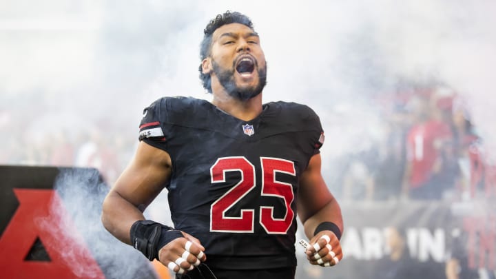 Nov 26, 2023; Glendale, Arizona, USA; Arizona Cardinals linebacker Zaven Collins (25) reacts against the Los Angeles Rams at State Farm Stadium. Mandatory Credit: Mark J. Rebilas-USA TODAY Sports