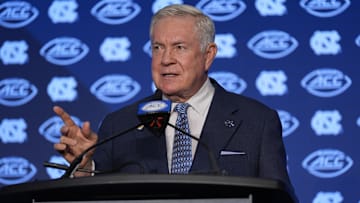 Jul 25, 2024; Charlotte, NC, USA;  UNC Tar Heels head coach Mack Brown speaks to the media during the ACC Kickoff at Hilton Charlotte Uptown. Mandatory Credit: Jim Dedmon-USA TODAY Sports
