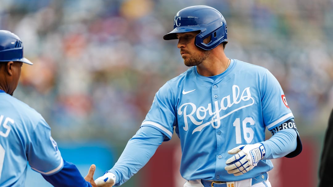 Apr 27, 2025; Kansas City, Missouri, USA; Kansas City Royals outfielder Hunter Renfroe (16) on first base during the eighth inning against the Houston Astros at Kauffman Stadium. Mandatory Credit: William Purnell-Imagn Images