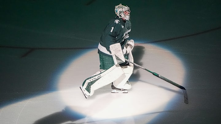Michigan State goaltender Trey Augustine (1) skates during players introduction at Duel in the D between Michigan and Michigan State at Little Caesars Arena in Detroit on Saturday, Feb. 8, 2025.