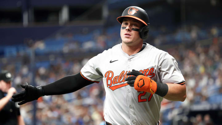 Jun 10, 2024; St. Petersburg, Florida, USA;  Baltimore Orioles catcher James McCann (27) celebrates after he hit a home run during the third inning against the Tampa Bay Rays at Tropicana Field