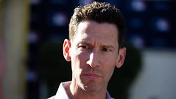 Nov 7, 2023; Scottsdale, AZ, USA; Boston Red Six chief baseball officer Craig Breslow speaks to the media during the MLB General Manager's Meetings at Omni Scottsdale Resort & Spa. Mandatory Credit: Mark J. Rebilas-Imagn Images