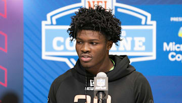 SMU running back Brashard Smith talks to the press during the 2025 NFL Combine at Indiana Convention Center.