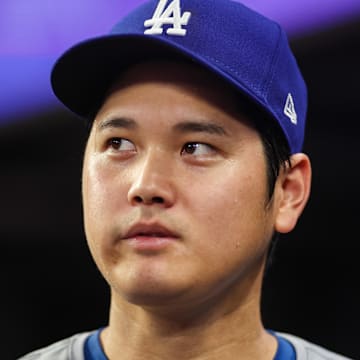 Sep 16, 2024; Atlanta, Georgia, USA; Los Angeles Dodgers designated hitter Shohei Ohtani (17) in the dugout against the Atlanta Braves in the ninth inning at Truist Park. Mandatory Credit: Brett Davis-Imagn Images