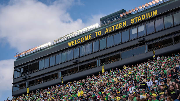 Fans gather in Autzen Stadium as the Fighting Ducks face off against Mighty Oregon in the Oregon Ducks spring game on April 2