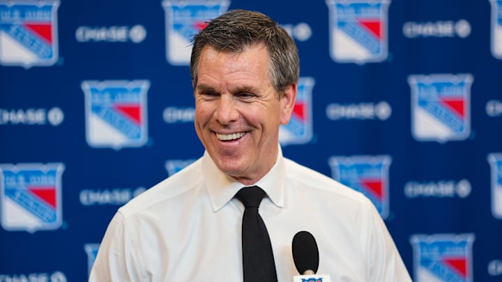 Apr 5, 2026; New York, New York, USA; New York Rangers head coach Mike Sullivan speaks to reporters after an 8-1 win against the Washington Capitals at Madison Square Garden. Mandatory Credit: Danny Wild-Imagn Images