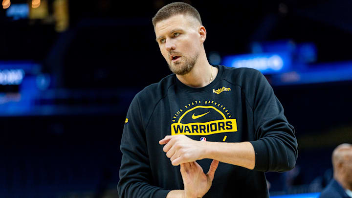 Mar 10, 2026; San Francisco, California, USA; Golden State Warriors center Kristaps Porzingis (7) warms up before the game at Chase Center. Mandatory Credit: Bob Kupbens-Imagn Images