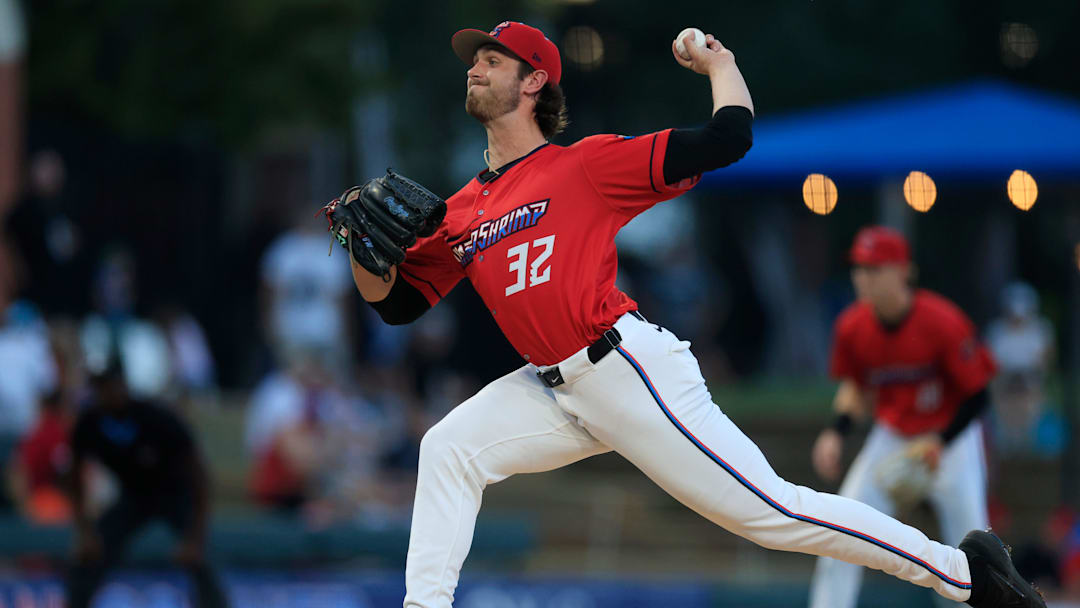 Jacksonville Jumbo Shrimp pitcher Thomas White (32) pitches during the first inning of Game 2 of an MiLB International League Championship Series at VyStar Ballpark Wednesday, Sept. 24, 2025 in Jacksonville, Fla. The Jacksonville Jumbo Shrimp defeated the Scranton/Wilkes-Barre RailRiders 6-4 and force a Game 3 Thursday evening for the title championship.