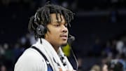 Feb 13, 2025; Minneapolis, Minnesota, USA; Minnesota Timberwolves guard Terrence Shannon Jr. (00) takes part in an interview after defeating the Oklahoma City Thunder at Target Center. Mandatory Credit: Bruce Kluckhohn-Imagn Images
