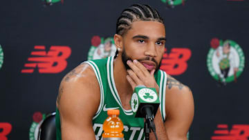 Sep 29, 2025; Boston, MA, USA;Boston Celtics forward Jayson Tatum (0) talks with reporters during media day at the Auerbach Center. Mandatory Credit: David Butler II-Imagn Images